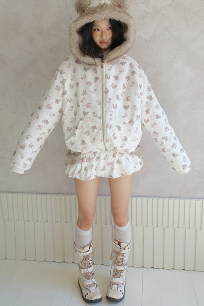 Manteau matelassé réversible à capuche avec imprimé chat