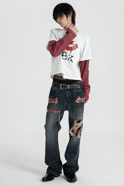 Distressed Plaid Patch Flared Jeans