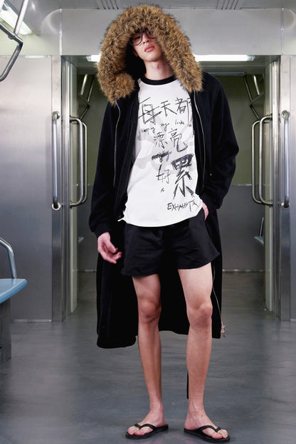 Letter Embroidered Fur Hooded Sweatshirt Jacket