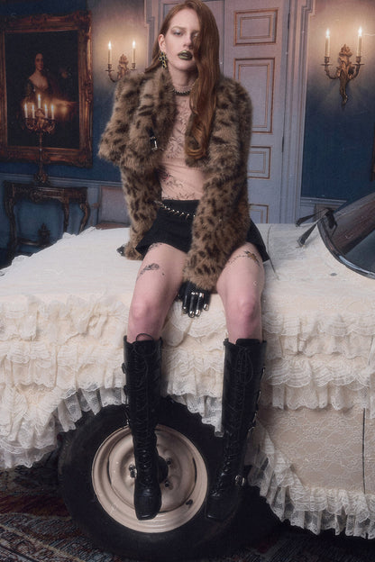 Belted Long Sleeve Leopard Fur Coat