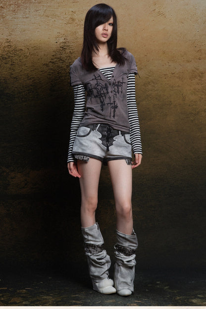 Cross Print Layered-Look V-Neck T-Shirt