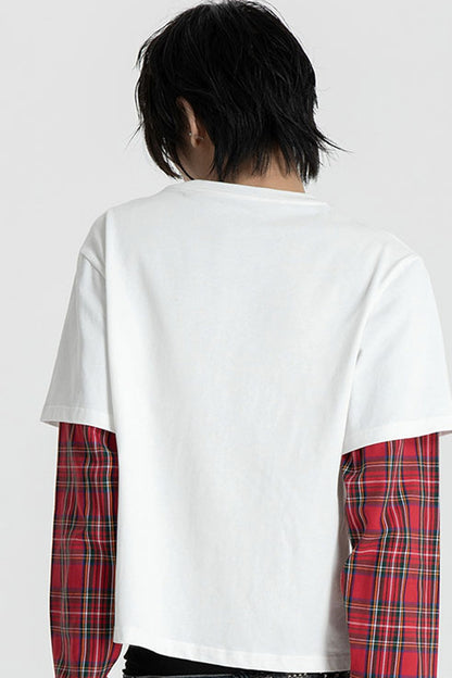 Red Checkered Patchwork Long Sleeve T-Shirt