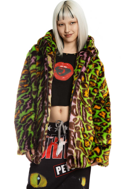 Leopard Print Fur Hooded Jacket