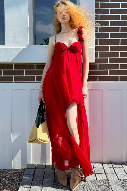 Hand-Stitched Rose Red Slip Dress
