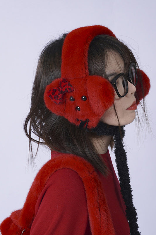 Red Plush Puppy Earmuff Scarf
