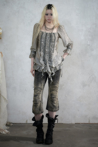 Ruffle Ribbon Puff Sleeve Blouse