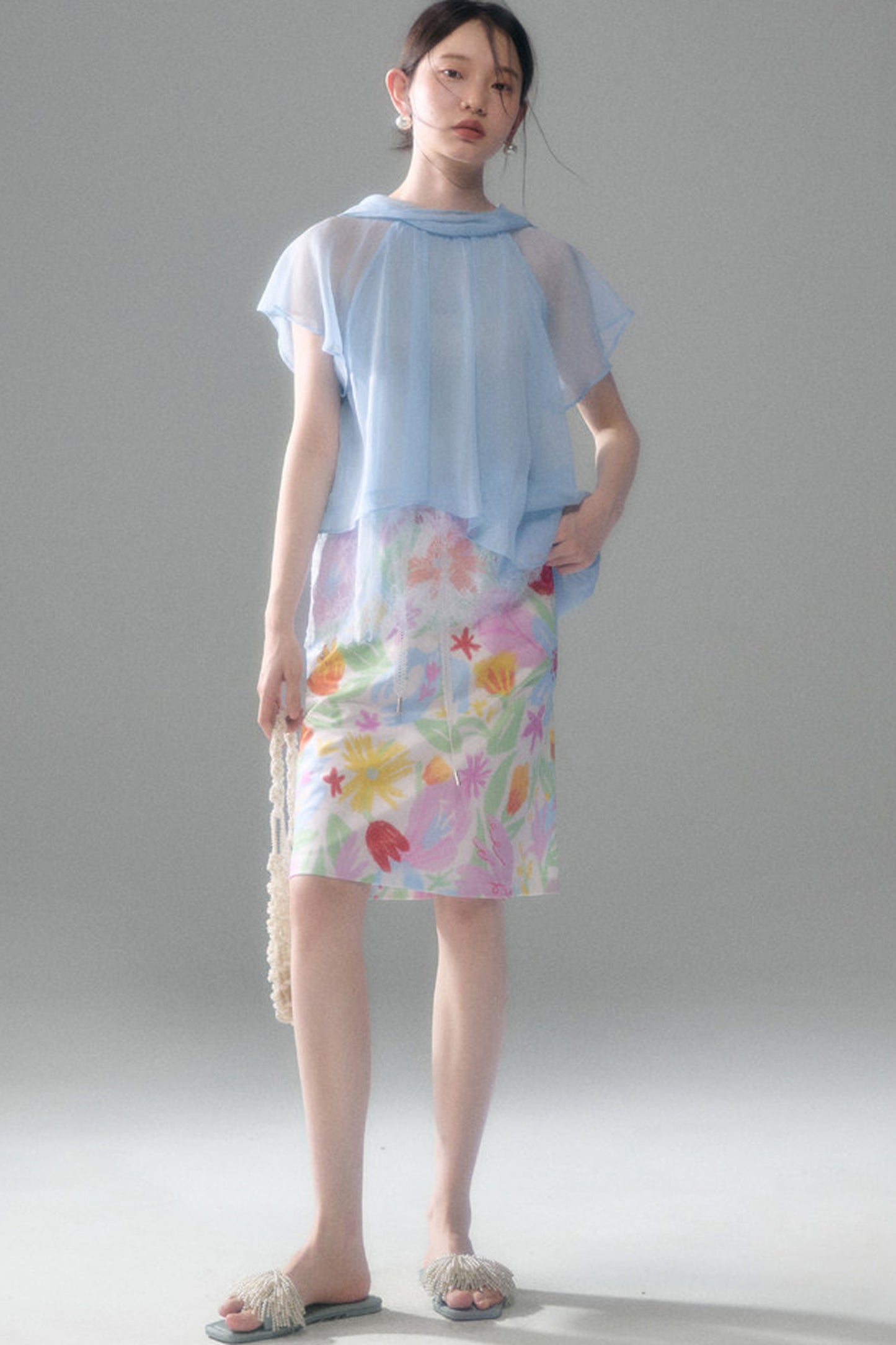 Sheer Blue Lace Ribbon Short Sleeve Top