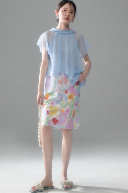 Sheer Blue Lace Ribbon Short Sleeve Top