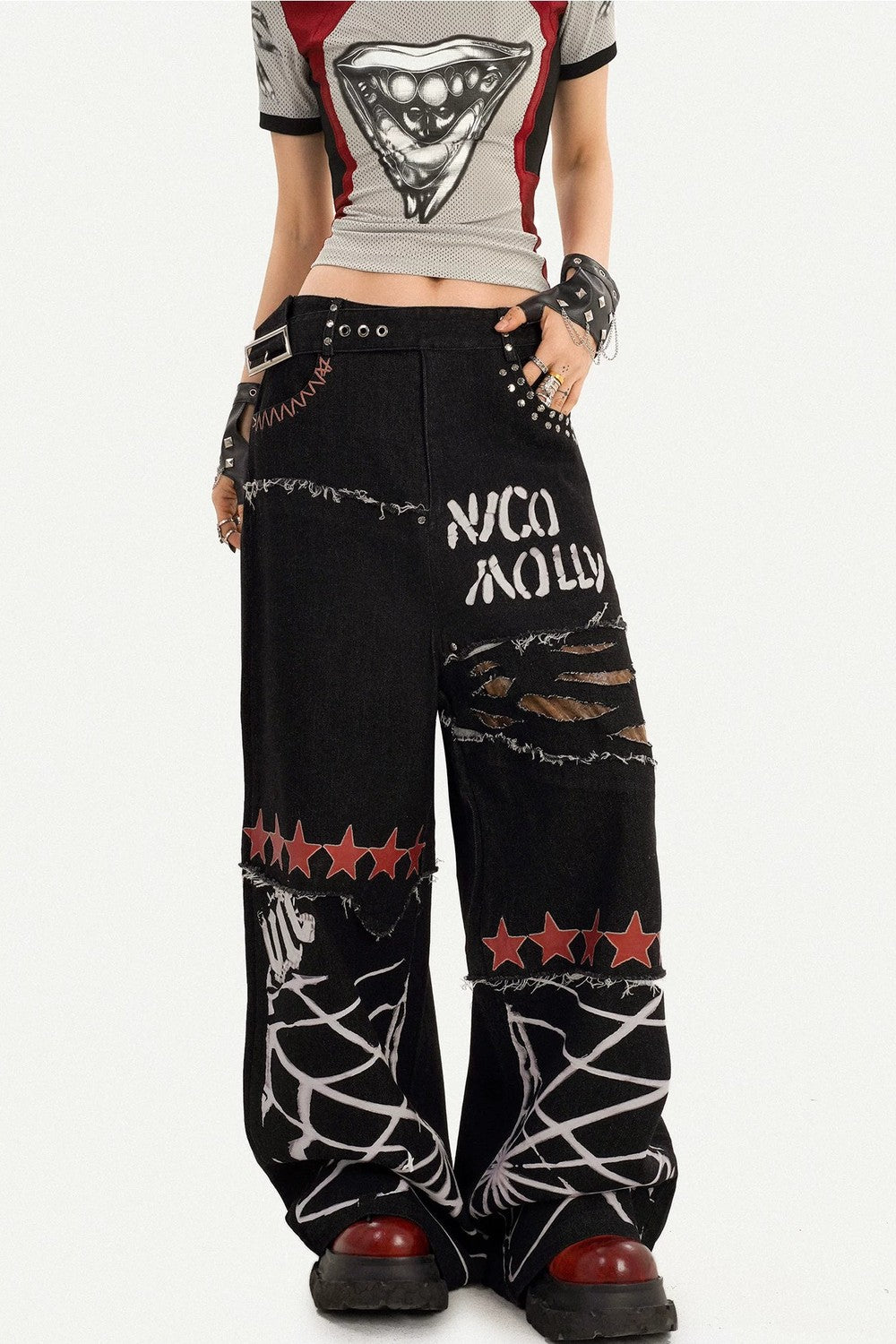 Ripped Graffiti Wide-Leg Jeans