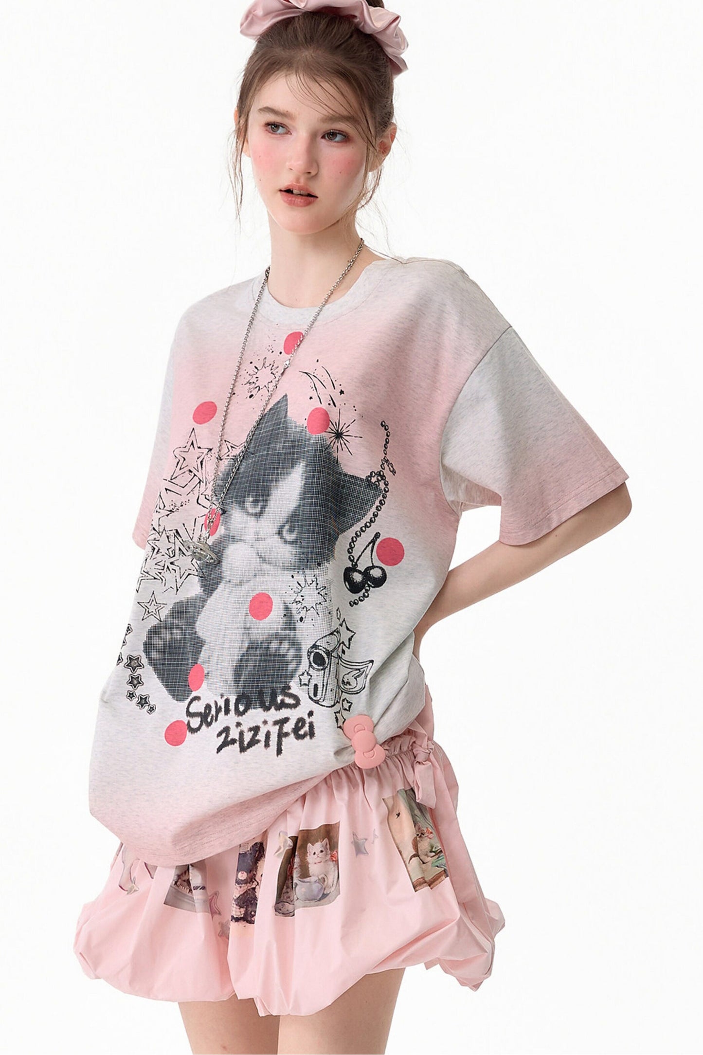 T-Shirt mit rosa Farbverlauf und Katzenprint