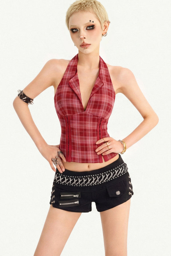 Red Plaid Deep V Halter Top