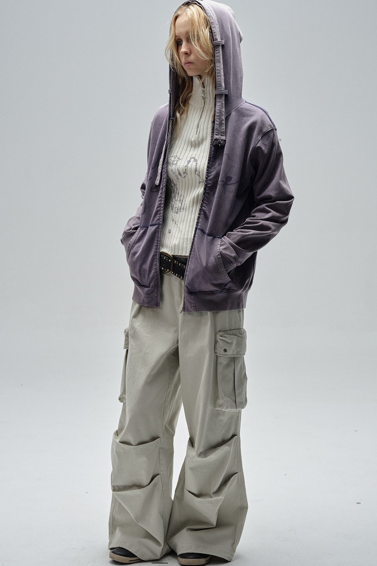 Sand-Washed Topstitched Ruched Hooded Strap Cardigan