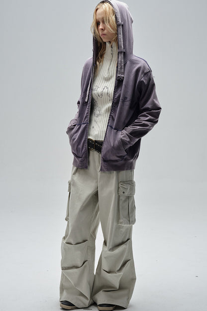 Sand-Washed Topstitched Ruched Hooded Strap Cardigan