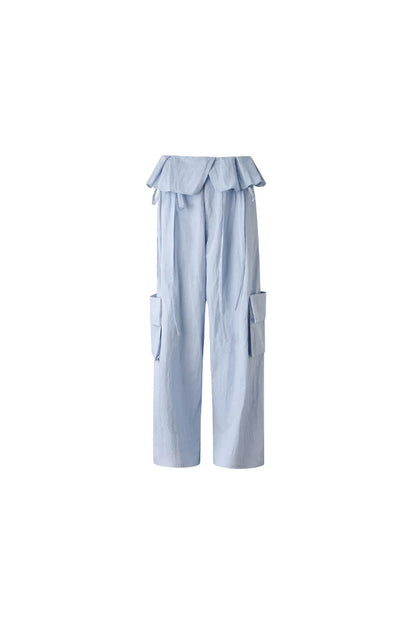 Ruffled Glacier Blue Wide-Leg Pants