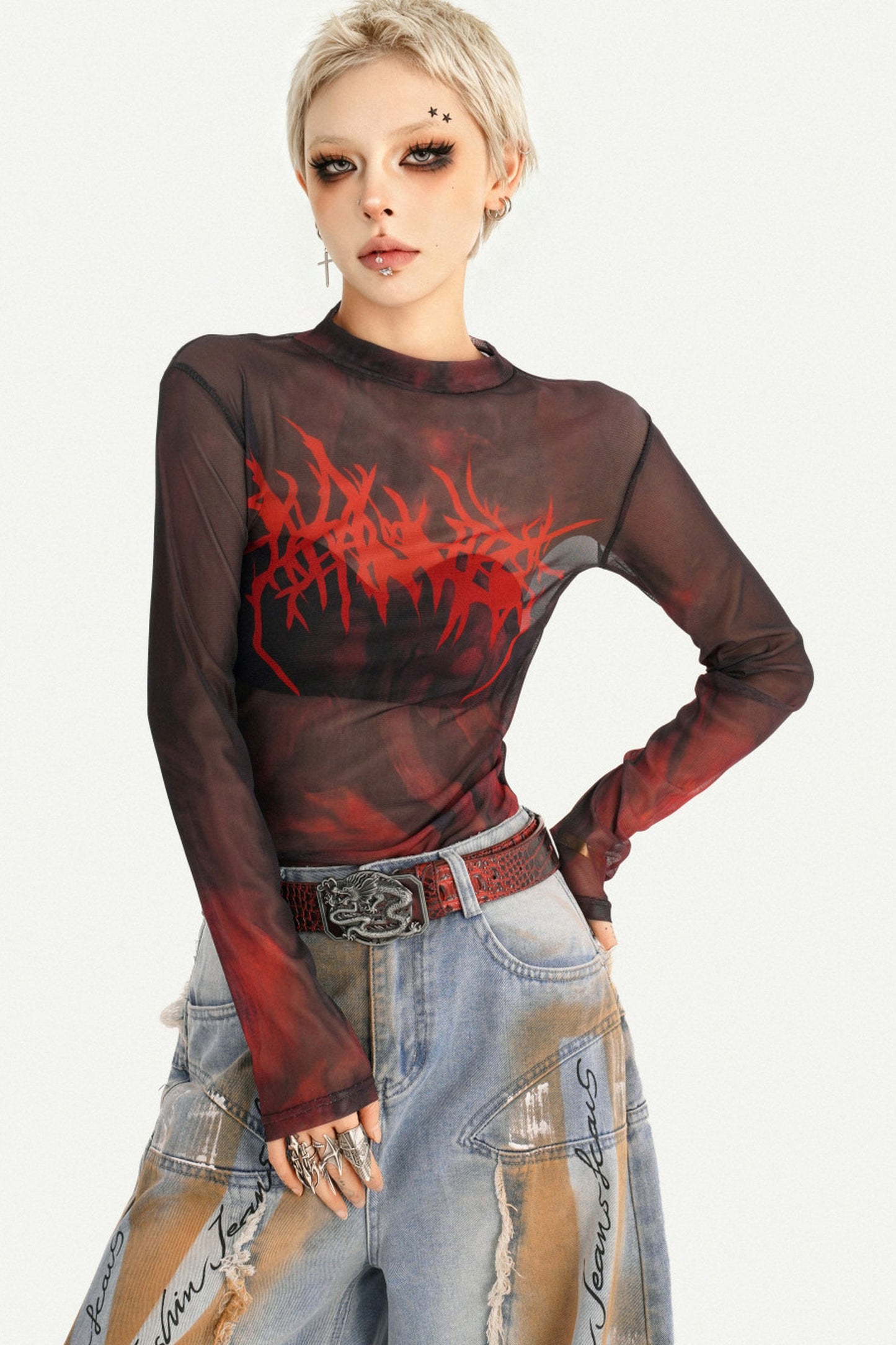 Red Graphic Mesh Long-Sleeved Top