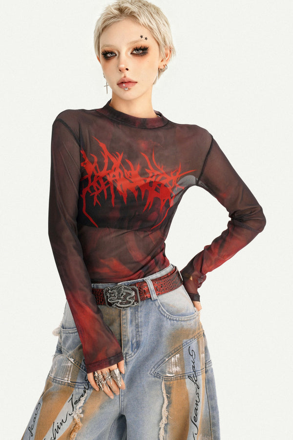 Red Graphic Mesh Long-Sleeved Top