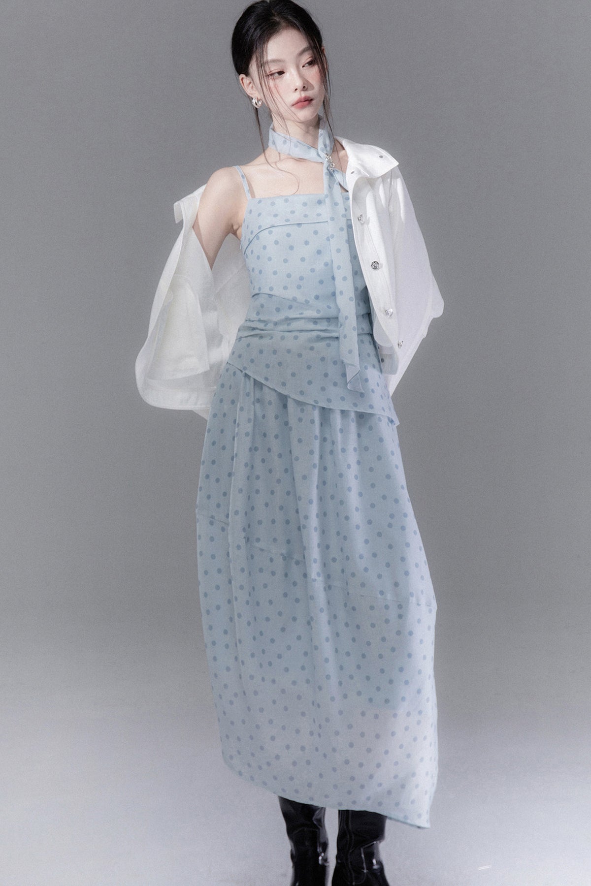 Ribbon Polka Dot Layered-Look Dress
