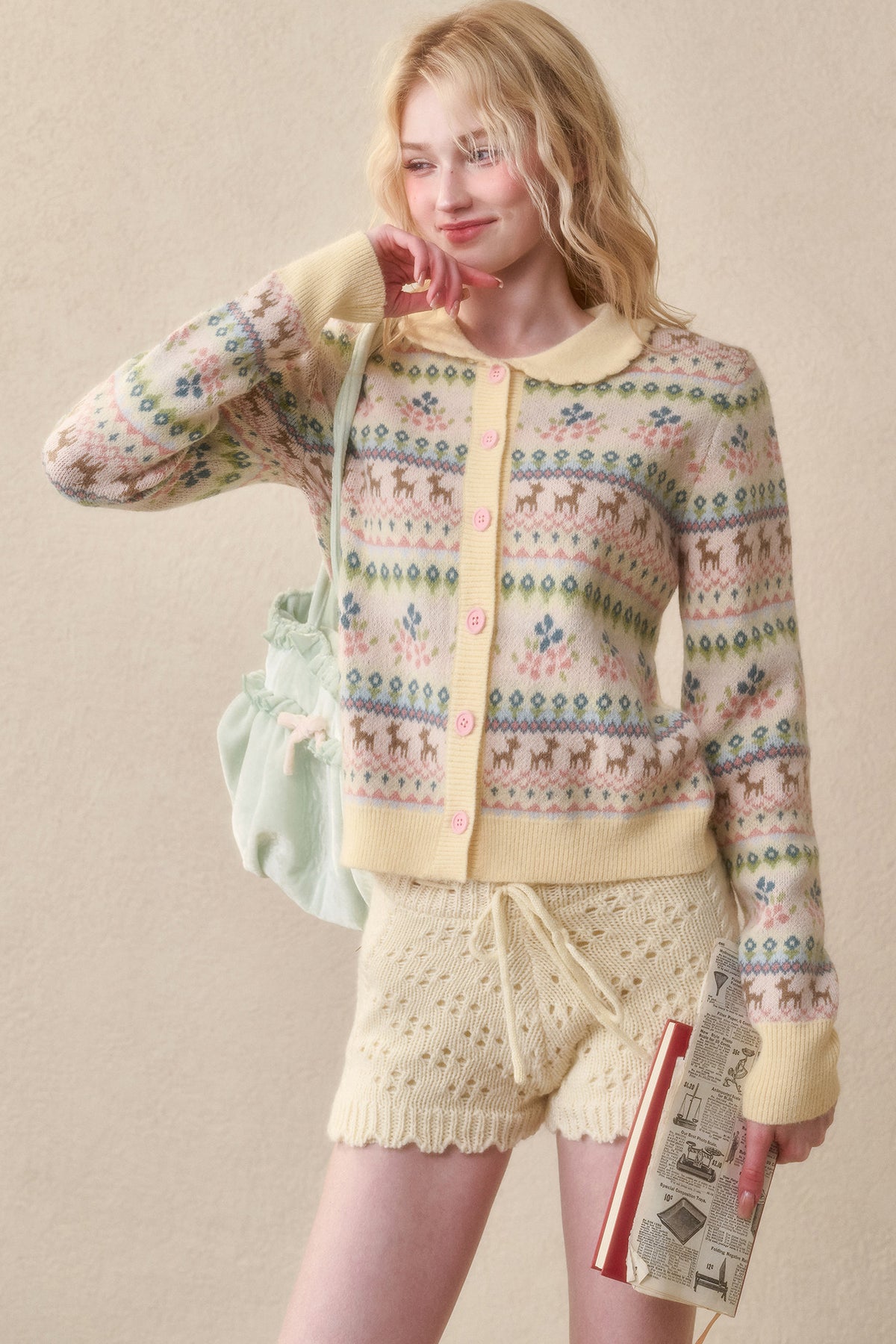 Reindeer Fair Isle Lace Trim Cardigan Top