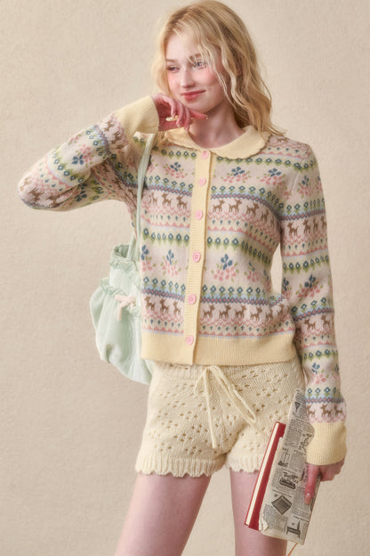 Reindeer Fair Isle Lace Trim Cardigan Top