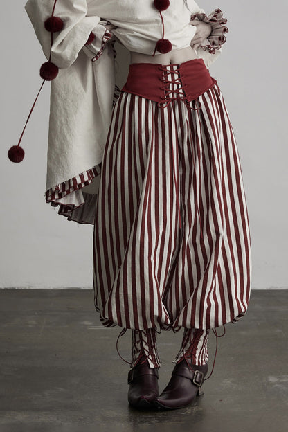 Red White Striped Lace-Up Lantern Pants