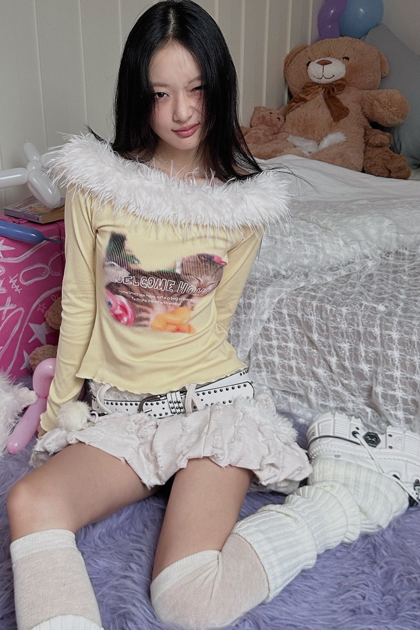 Long Sleeve Cat Print Furry Top