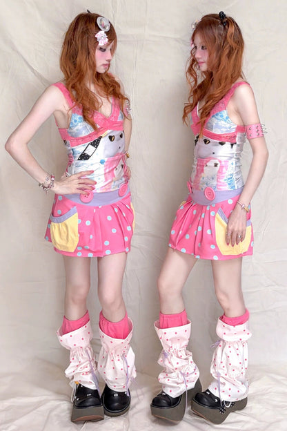 Peach Pink Polka Dot Drawstring Leg Warmers