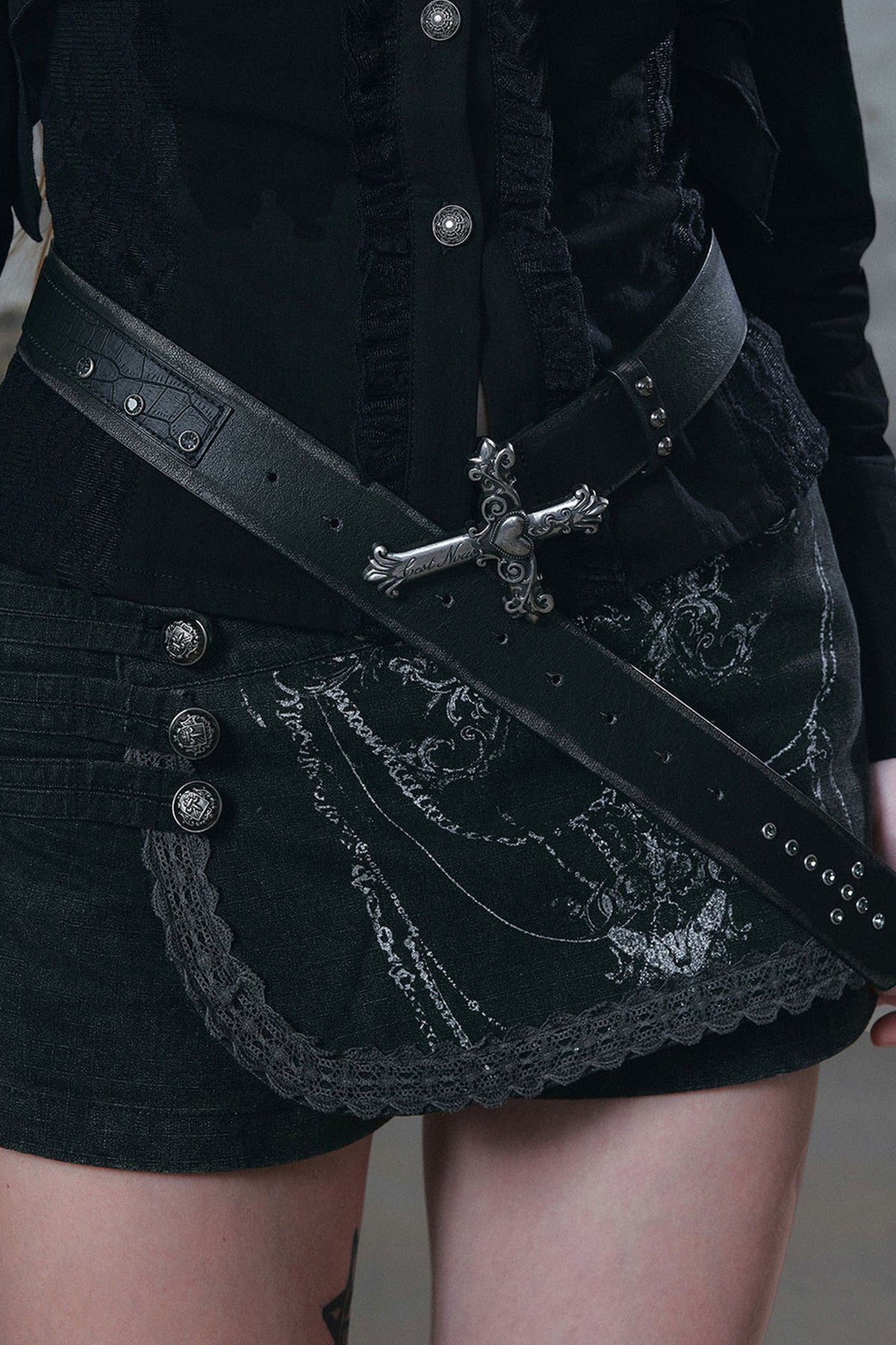 Carved Cross Studded Leather Belt