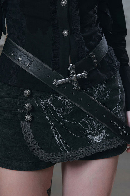 Carved Cross Studded Leather Belt