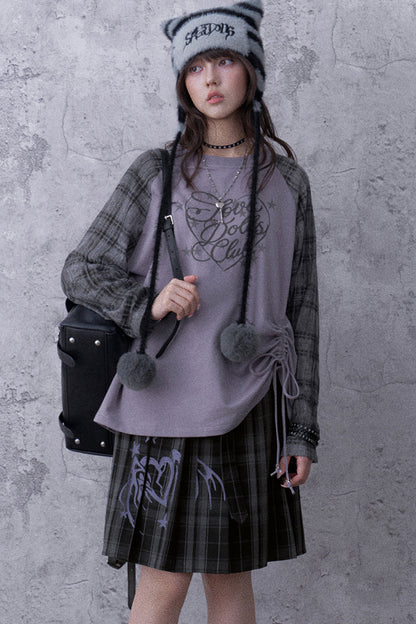 Gray-Purple Printed Raglan Drawstring T-Shirt and Skirt Set-Up