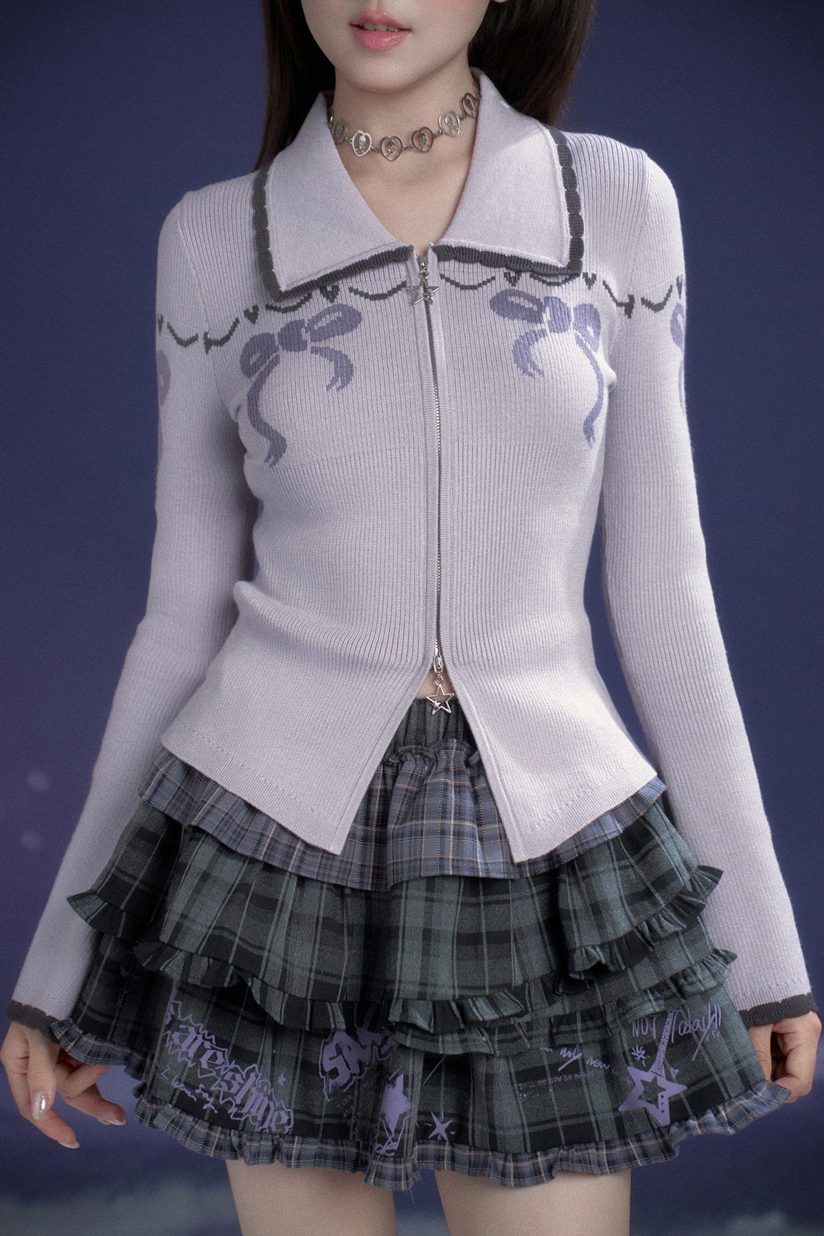 Milk Purple Bow Jacquard Turn-Down Collar Sweater