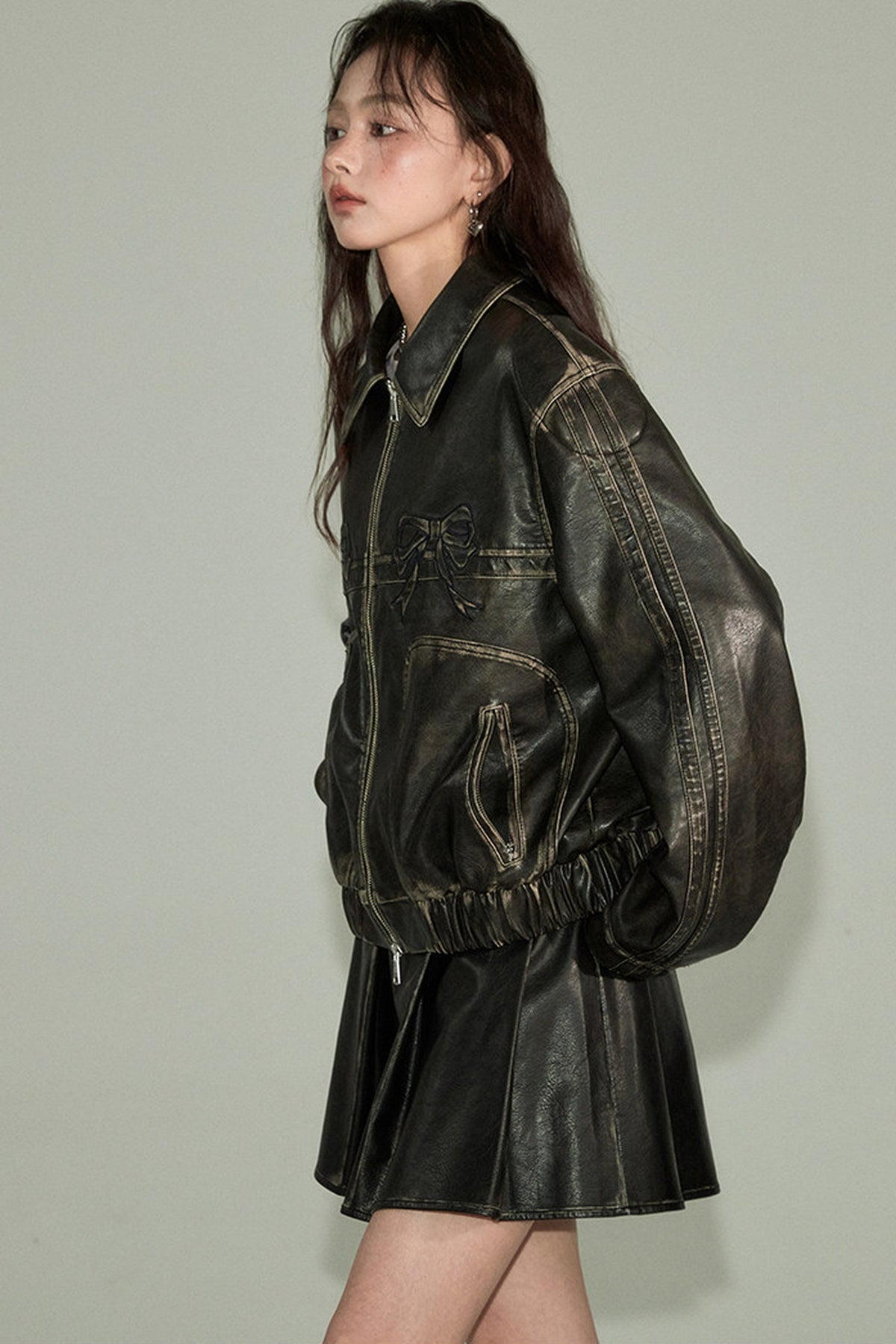 Distressed Bow Leather Jacket