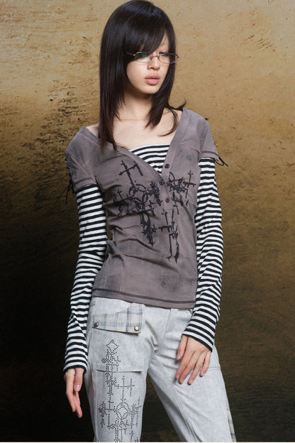 Cross Print Layered-Look V-Neck T-Shirt
