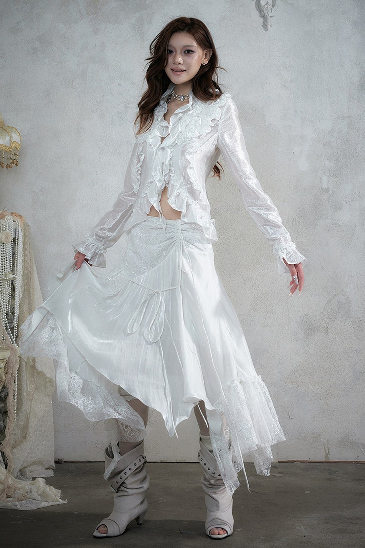 Ruffle Trim Tie Waist Long-Sleeved Blouse