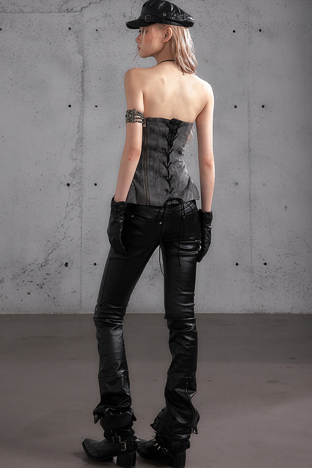 Punk Rock Embroidered Waxed Leather Pants