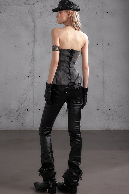 Punk Rock Embroidered Waxed Leather Pants