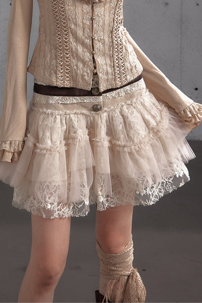 Lace Patchwork Pleated Multi-Layered Puffy Skirt