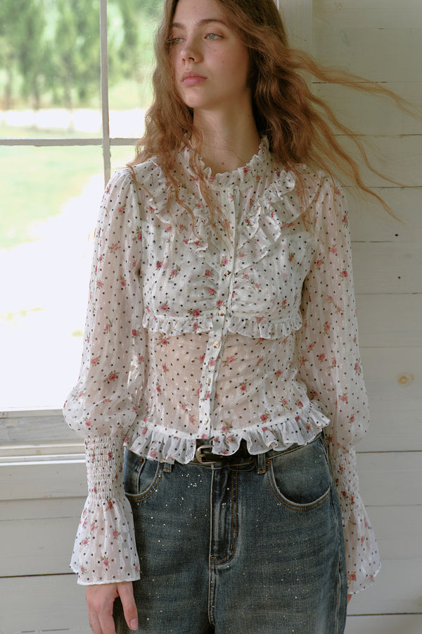 Ruffled Polka Dot Floral Blouse