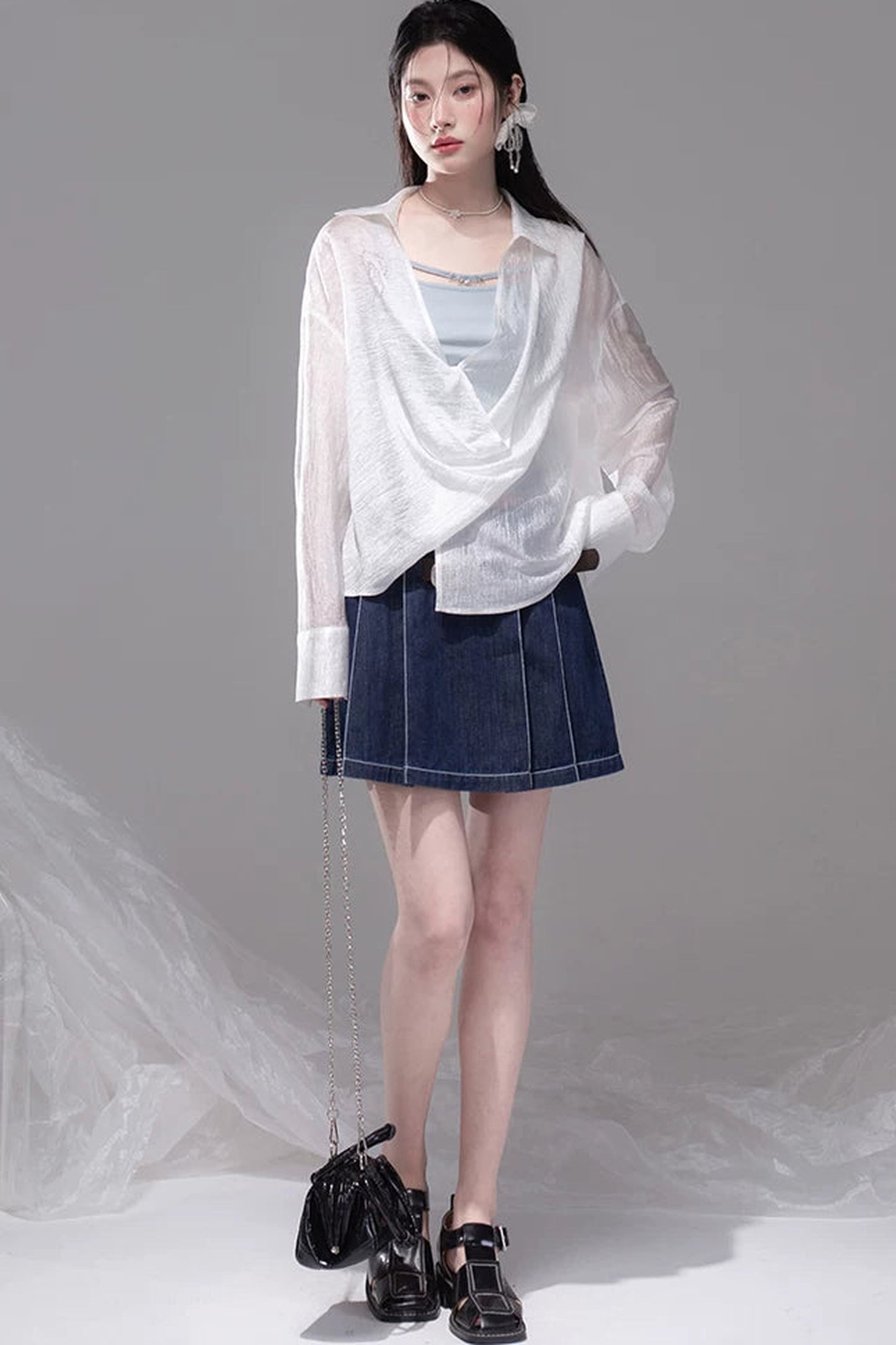 Night Blue Pleated Denim Skirt