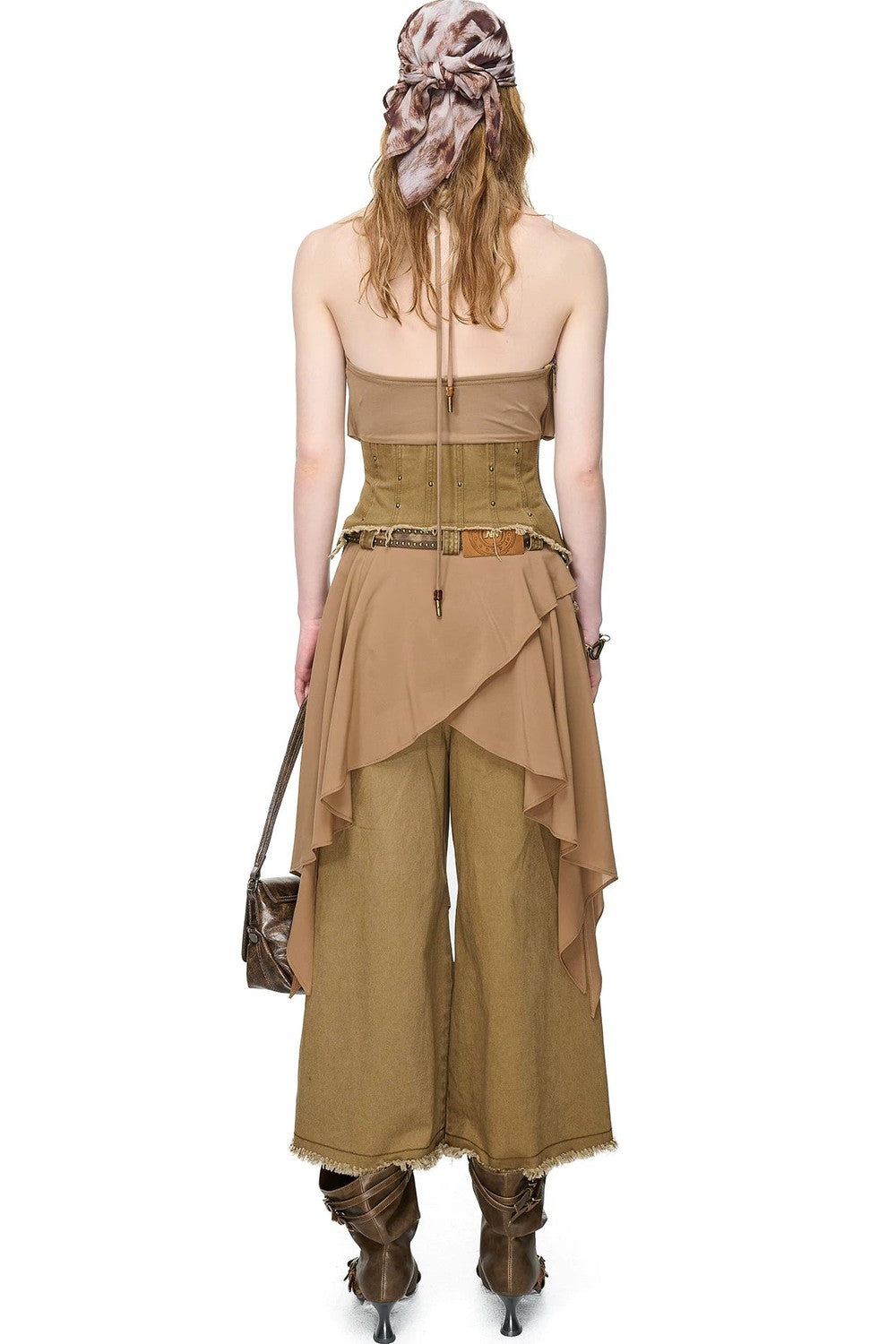 Washed Khaki Patchwork Halter Corset