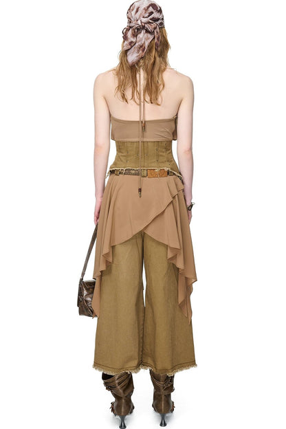 Washed Khaki Patchwork Halter Corset