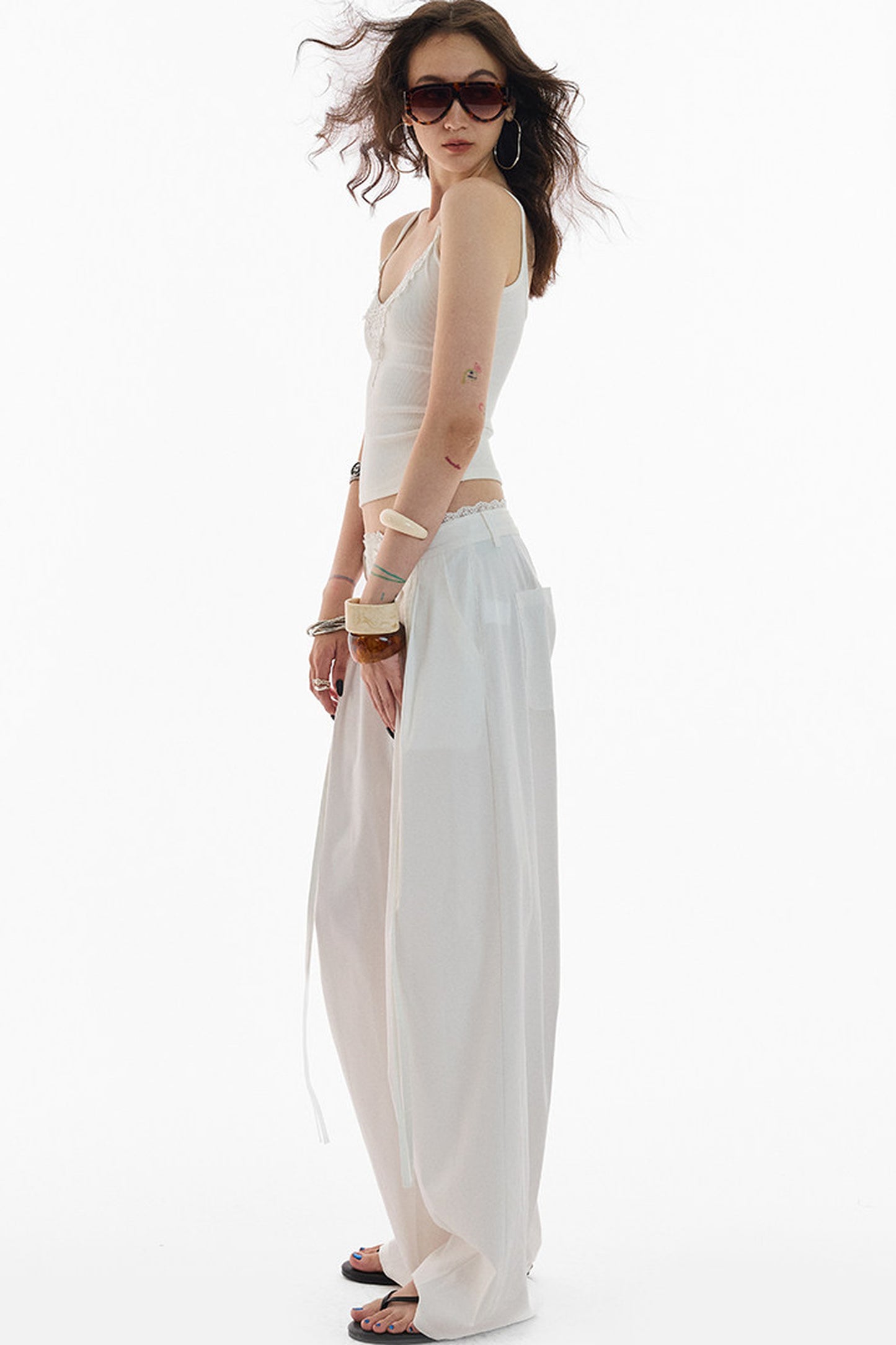 Lace Trim Pima Cotton Wide Leg Pants