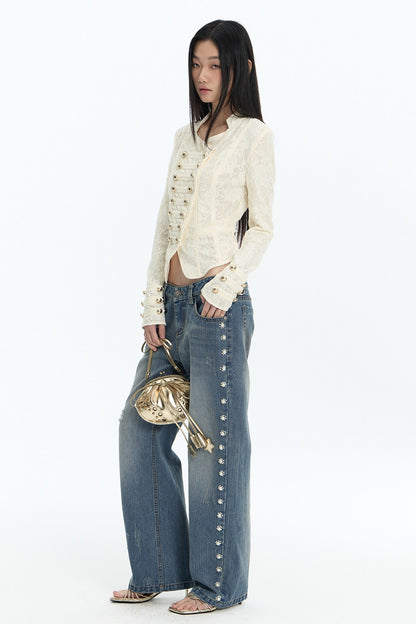 Double-Breasted Asymmetrical Lace Jacket and Skirt Set-Up