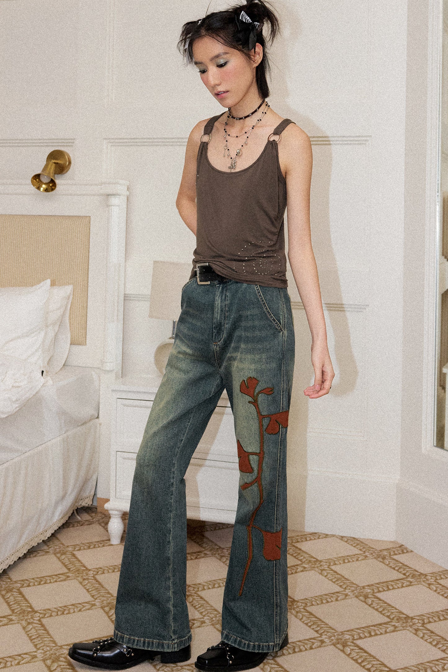 Ginkgo Leaf Embroidered Denim Pants