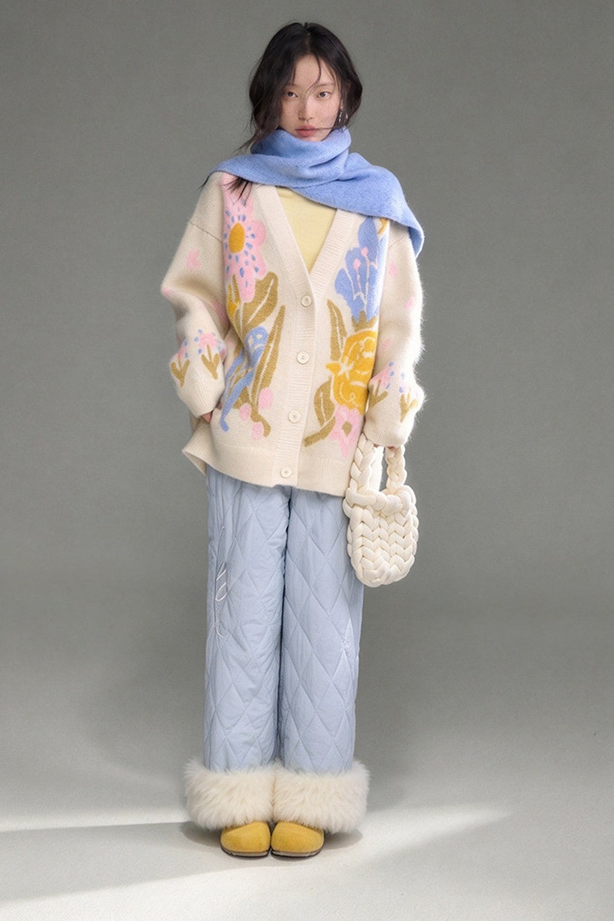 Ear-Flap Bird Tulip Jacquard Wool Cardigan