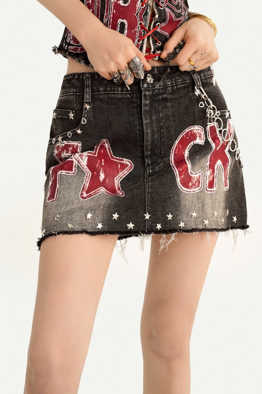 Printed Denim Skirt