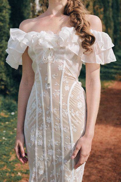 Lace French Retro Off-Shoulder Fishbone Dress