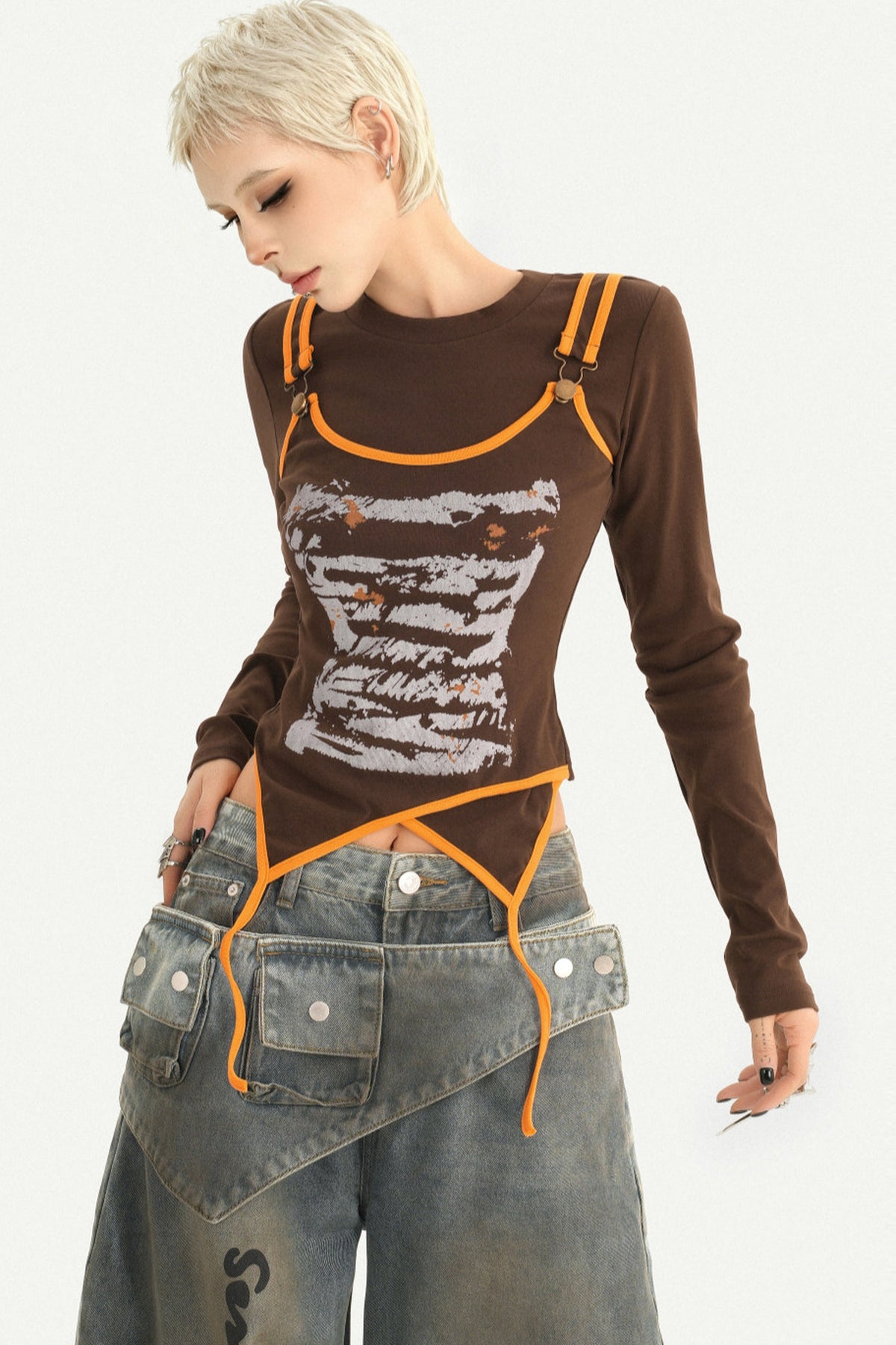 Printed Spliced Layered-Look Long-Sleeve T-shirt