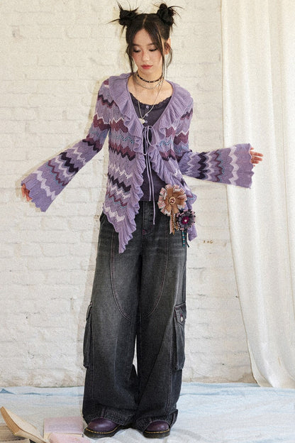 Wavy Striped Ruffle Cardigan