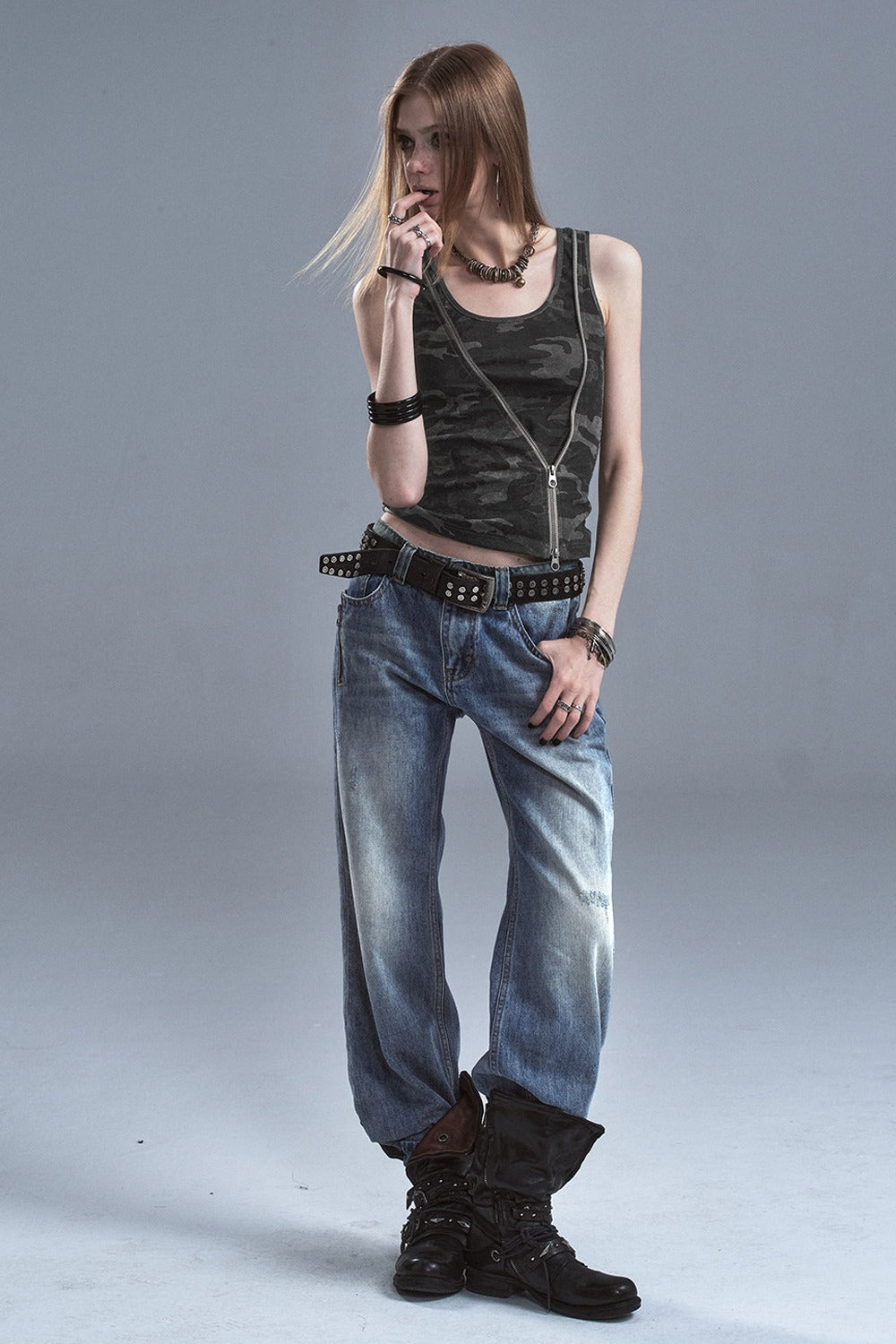 Black Camouflage Diagonal Zipper Two-Way Wear Camisole