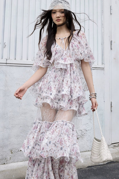 Retro Floral Two-Piece Ruffle Skirt Set-Up